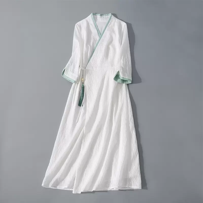 依阁闻禅茶服女中国风茶艺服复古中式交领汉服连衣裙提花天丝禅意