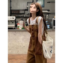 美式复古牛仔背带裤女夏秋ins新款宽松高腰连体拖地直筒阔腿裤子