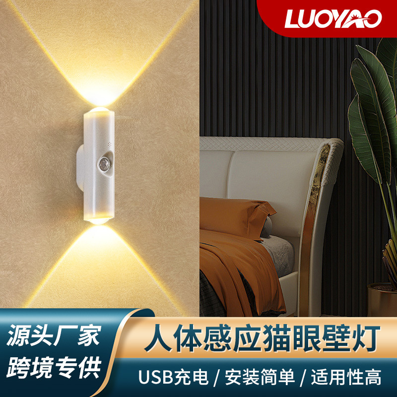 国境を越えた新しいスマート人体誘導ヒルライトスポットライト磁気充電自己粘着キャビネットライトダブルキャットアイナイトライト|undefined