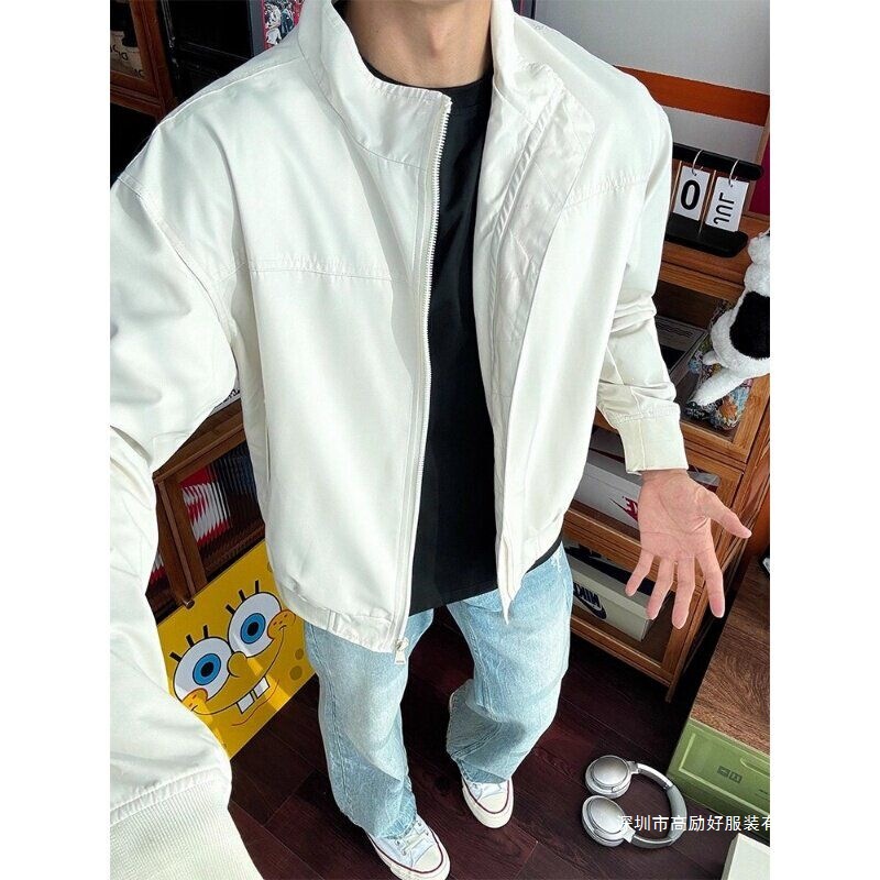 White American-Style Stand-Collar Flight Jacket for Men, Autumn Softshell Windbreaker, Cleanfit Workwear Coat