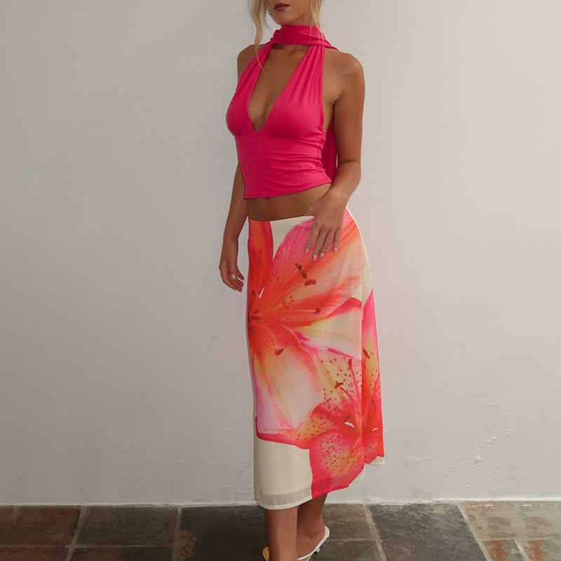 Women's Low Cut Camisole Top American Style With Scarf Tie Up Back Hollow Design Sexy Hot Summer Tank Top_ecoleips.com