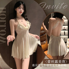奶芙钓系性感深v透纱纯欲睡裙女士蕾丝边裸背家居吊带连衣裙6213
