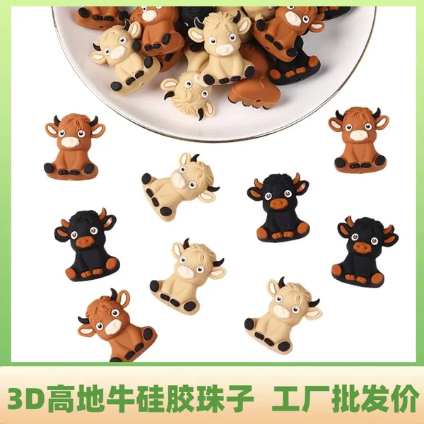 3D Highland Cow Silicone Beads for Foreign Trade, Three-Dimensional Loose Beads for DIY Baby Products, Cartoon Cow Silicone Beads Wholesale