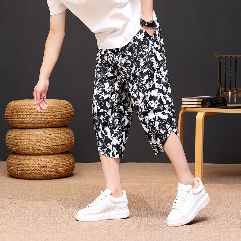 Ice Silk Capri Pants Men's Summer Thin Shorts Loose Casual Trendy Duffian Horse Pants Printed Quick-drying Haren Pants