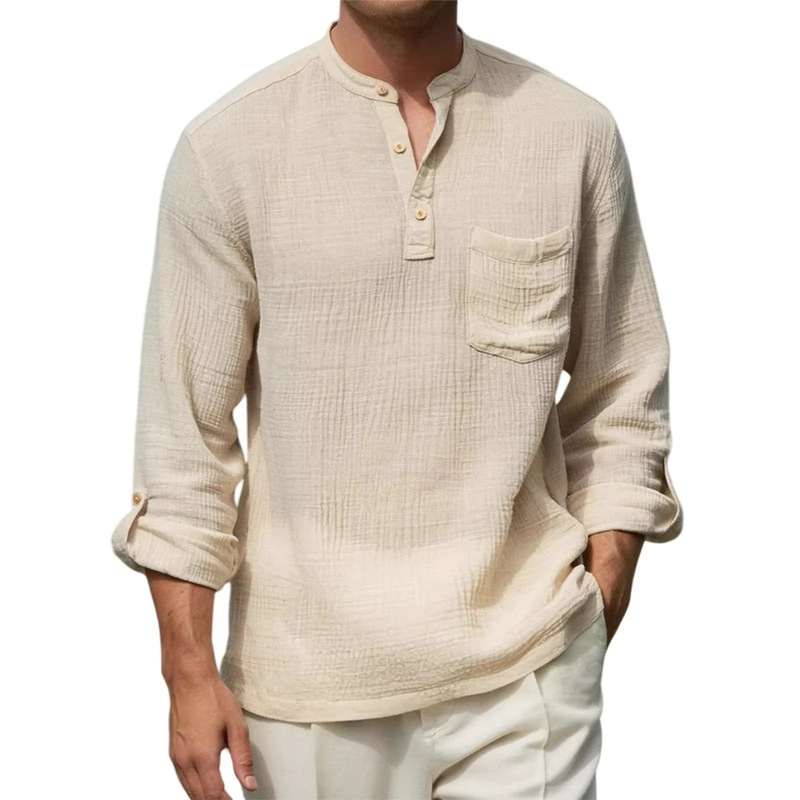 2026 New Men's Cotton-Linen Mid-Sleeve Shirt Casual Loose Round Neck Solid Color Button Pocket T-Shirt for Men