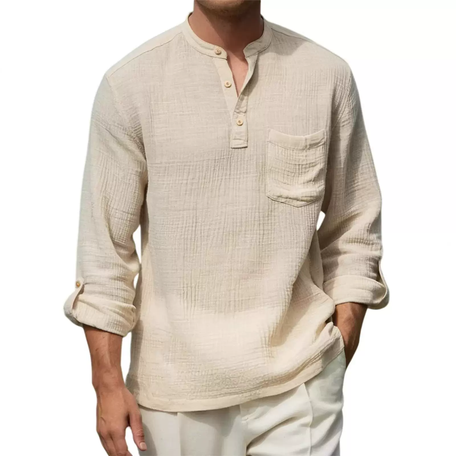 2026独立站新款男士棉麻中袖衬衫休闲宽松圆领纯色纽扣口袋T恤男