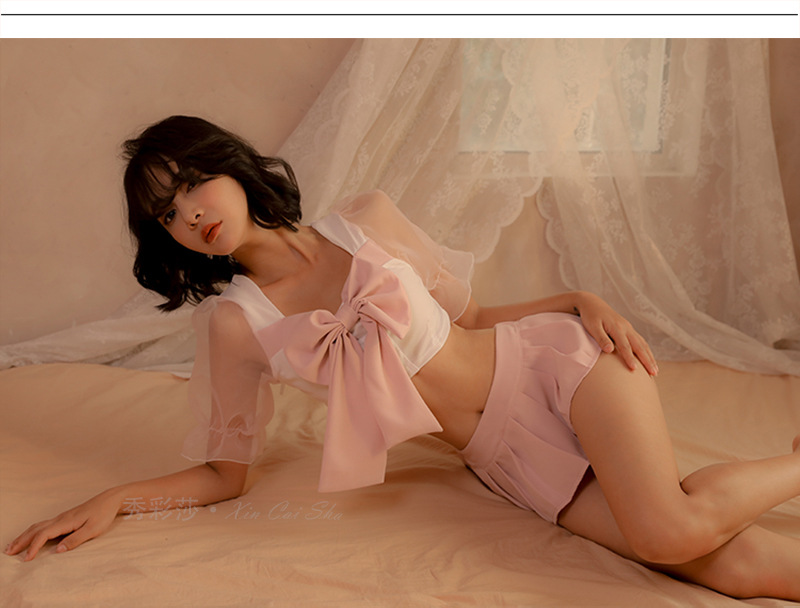 Sweet Student-Style Costume Set with Puff Sleeves and Pleated Bow Skirt, Pink One Size — detail image 10
