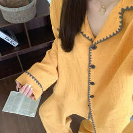 秋季网红ins风花边蕾丝圆领开衫家居服少女睡衣长袖套装
