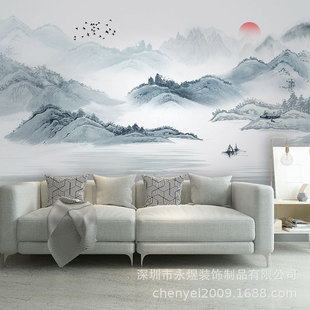 Chinese Office Background Wall Wallpaper Abstract Artistic Conception Decorative Mural Living Room Study Ink Zen Landscape Wall Covering