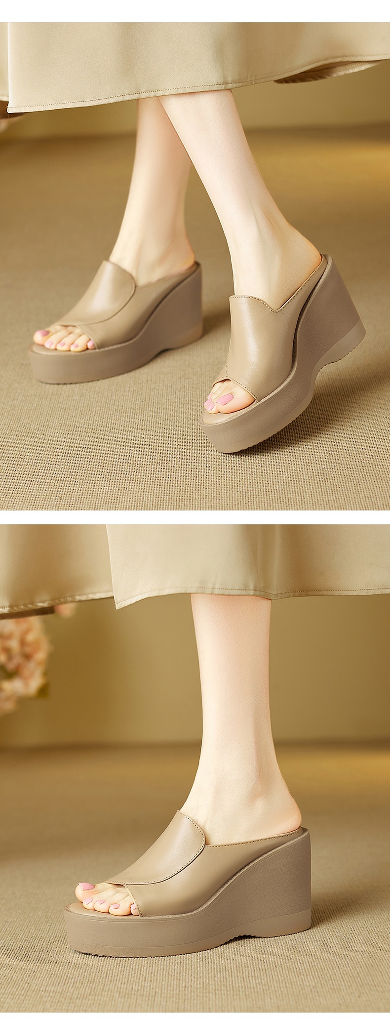 Dép sandal nữ quai chữ V đế xuồng cao gót 9 cm da bò mũi cá — đen chi tiết 4