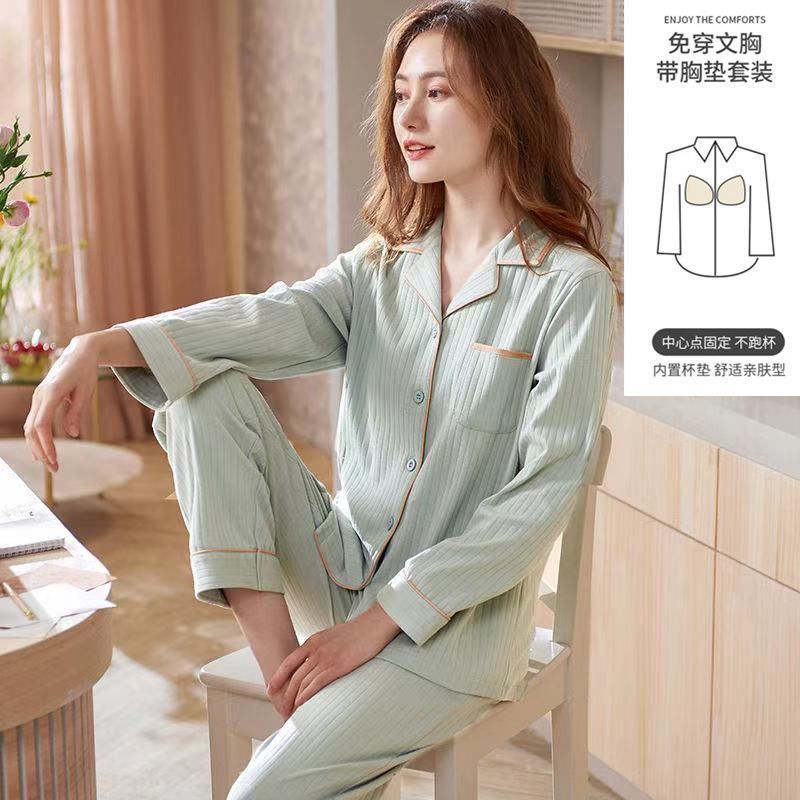 Pijama con cojín de pecho para mujeres primavera y otoño mangas largas 2023 nuevo conjunto de ropa de casa de otoño para mujeres