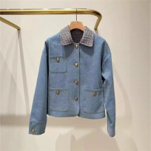 法式小众2025早秋学院风复古格纹翻领牛仔外套女宽松长袖上衣