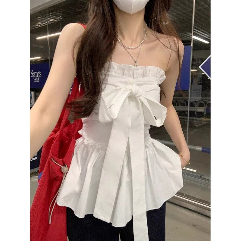 Bow-Tie Beautiful Back Tube Top Women's Summer Korean Style Sweet Slim Sleeveless Outer Wear Slimming White Top Bow-Tie Beautiful Back Tube Top Women's Summer Korean Style Sweet Slim Sleeveless Outer Wear Slimming White Top