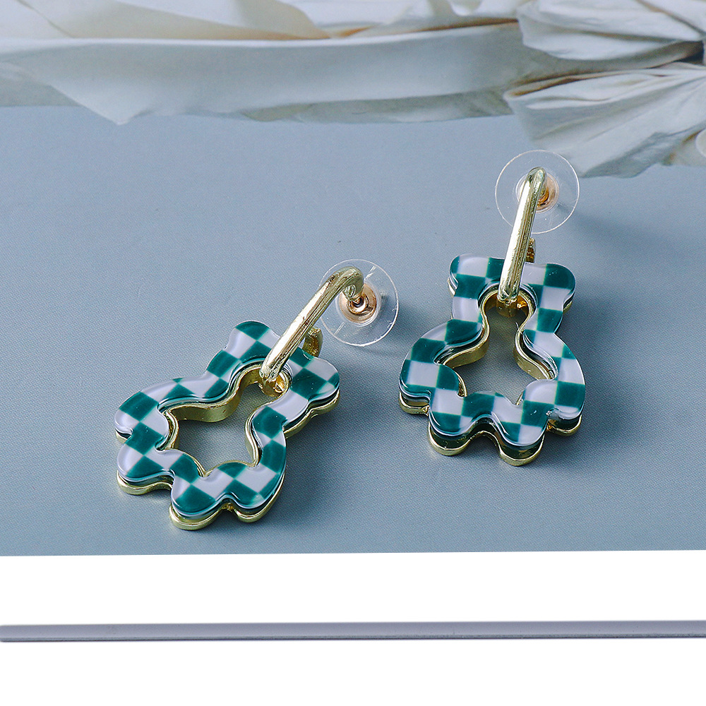 New Korean Cute Cartoon Bear Green White Plaid Earrings Acrylic Earrings Ear Jewelry display picture 4