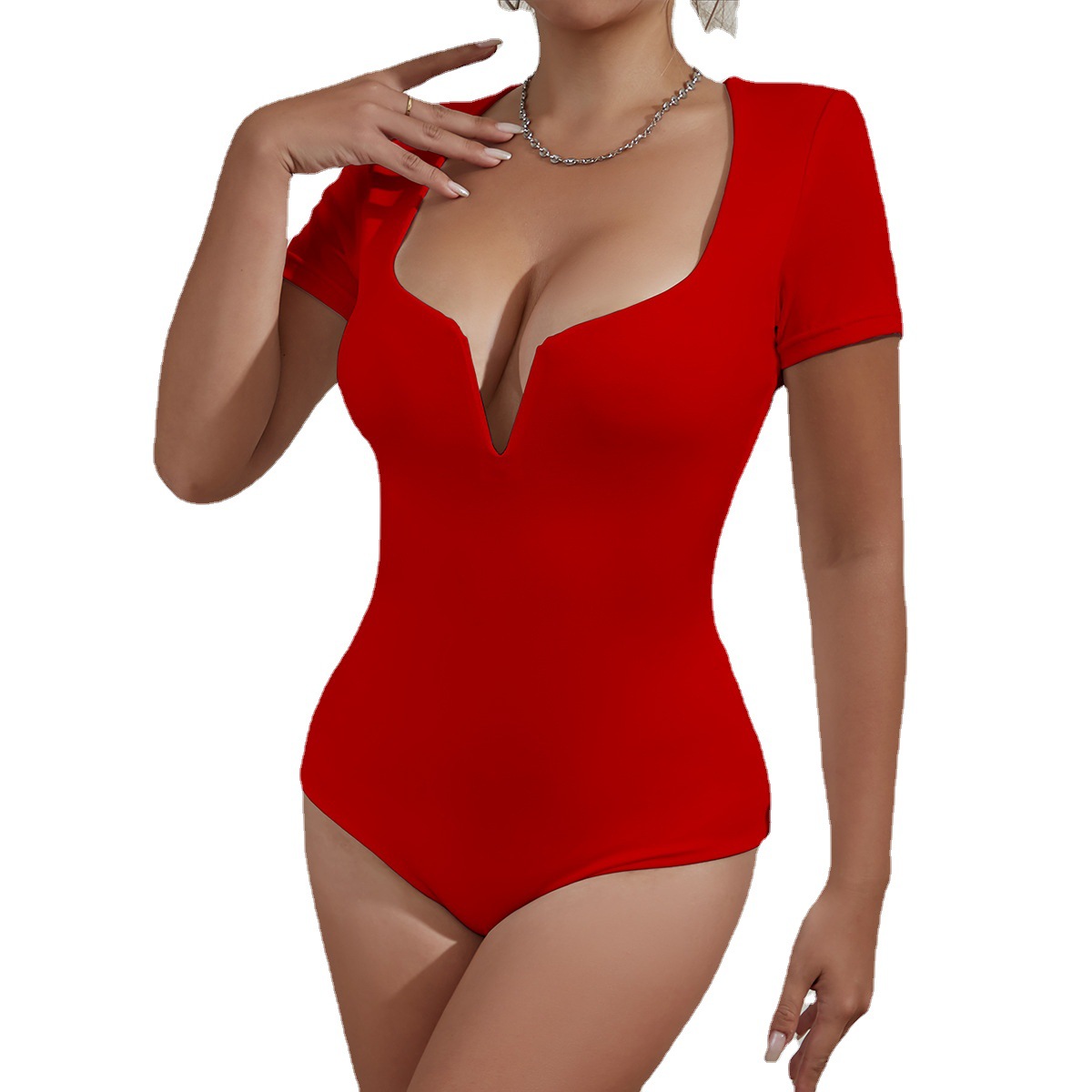 Nuevo mono de ropa femenina para comercio exterior transfronterizo 2026, estilo europeo y americano, con cuello en V profundo, manga corta, ajustado y sexy. image 6