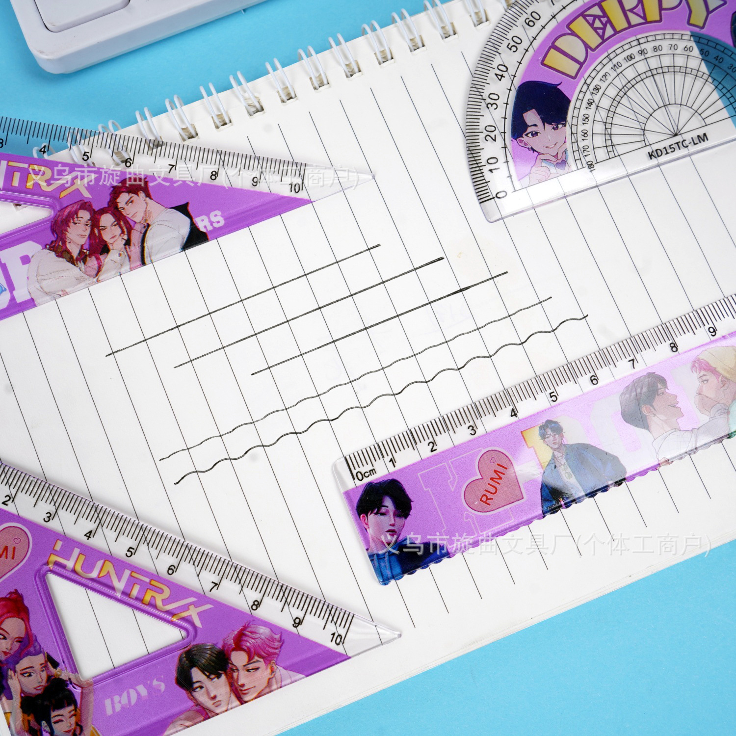 Explosión K-POP caza de brujas de cuatro piezas juego de reglas rojas en línea de alto valor de papelería multifuncional juego de reglas de estudiantes