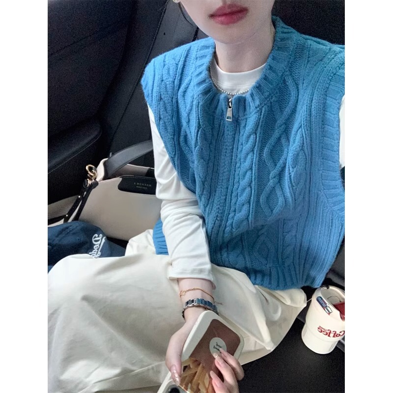 Chanel Style Vest Women's Outer Wear Autumn and Winter Double Zipper Knitted Cardigan Vest Twist Sweater Vest Chanel Style Vest Women's Outer Wear Autumn and Winter Double Zipper Knitted Cardigan Vest Twist Sweater Vest