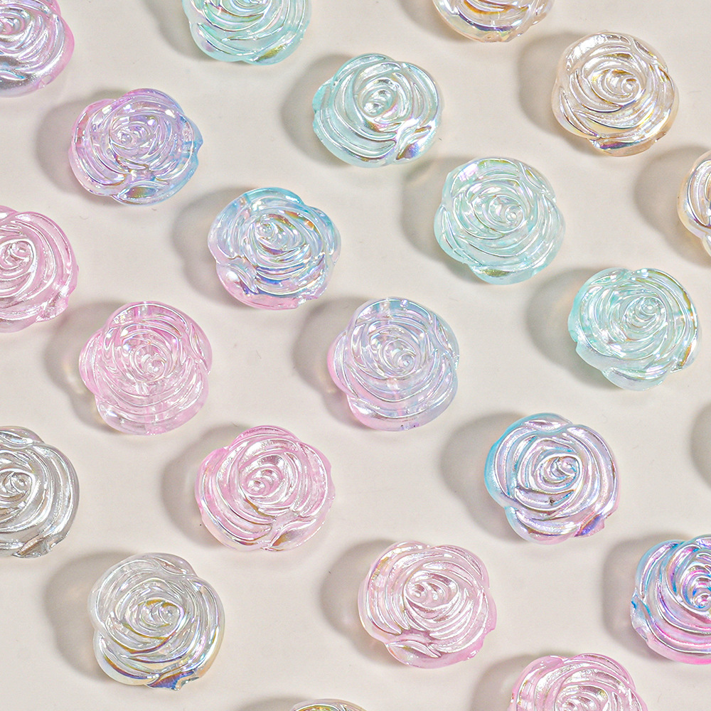 Cuentas de resina iridiscentes transparentes de doble cara con forma de rosa, efecto glaseado, para accesorios de colgantes de cadena de teléfono DIY, venta al por mayor