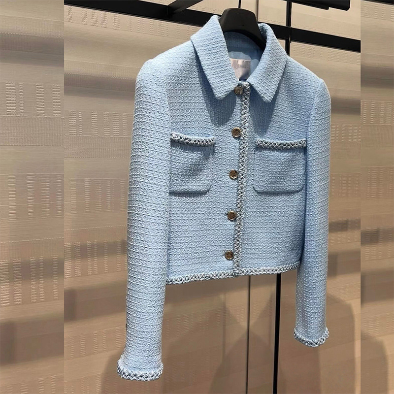 French-Style Tweed Cardigan with a Turn-Down Collar for Women, Featuring a High-End Design Inspired by Wealthy Socialites