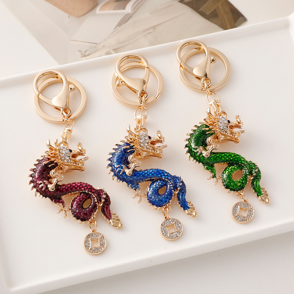 Llavero chino con diamantes, doce signos zodiacales, dragón, accesorio tridimensional
