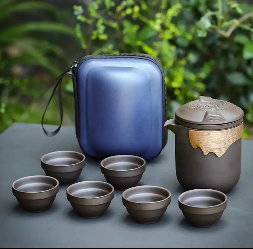 Juego de té de viaje una olla cuatro tazas taza Express portátil taza de té de arena púrpura para una persona que viaja con coche