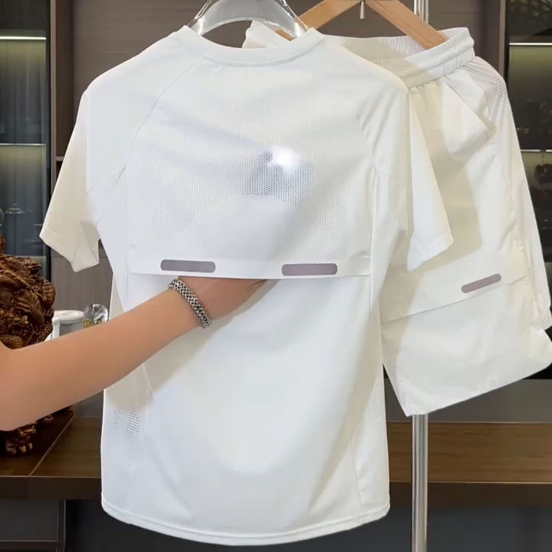 Summer Fashion Breathable Quick-Dry Casual Sports Suit Men's Ice Silk Stretch Trendy Versatile Short-Sleeve Shorts Two-Piece Set