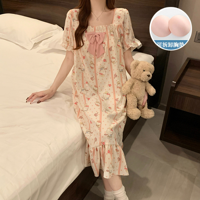 2025 verano nuevo hogar ropa de mangas cortas pijama de niñas cuello cuadrado de encaje dulce nube de algodón cojín de pecho pijama