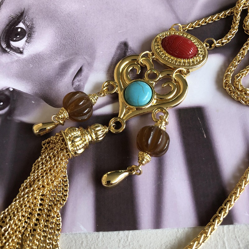 Vintage Turquoise Tassel Long Necklace Heart Stud Earrings Wholesale Nihaojewelry display picture 7