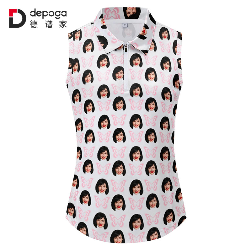 跨境专供新款3D印花热升华女士POLO衫个性人头无袖上衣欧美工厂