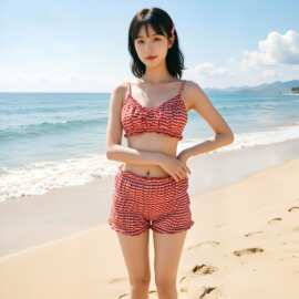 2026年新款红格子分体比基尼女度假风性感辣妹高腰短裤泳衣套装