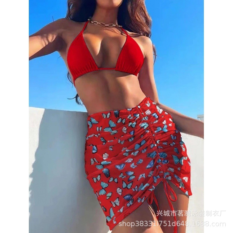 Mingyi nueva mariposa europea y americana multicolor impreso falda de gasa dividida bikini se reunieron de tres piezas de las mujeres traje de baño bikini