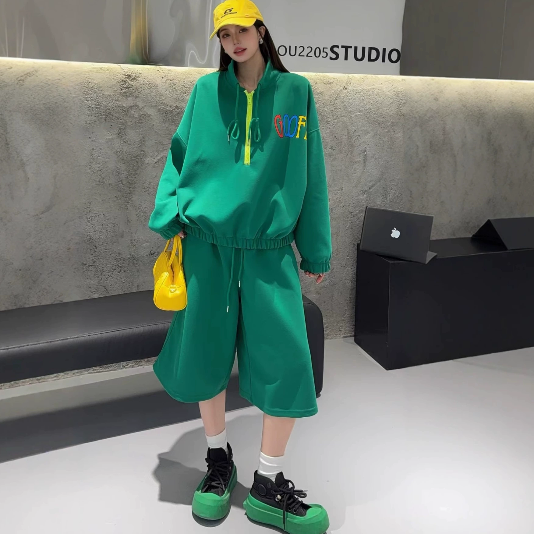 Весенний новый комплект: американский свитшот с завязками, укороченные брюки, женский модный дизайн, свободный крой, большой размер, двухсоставной комплект