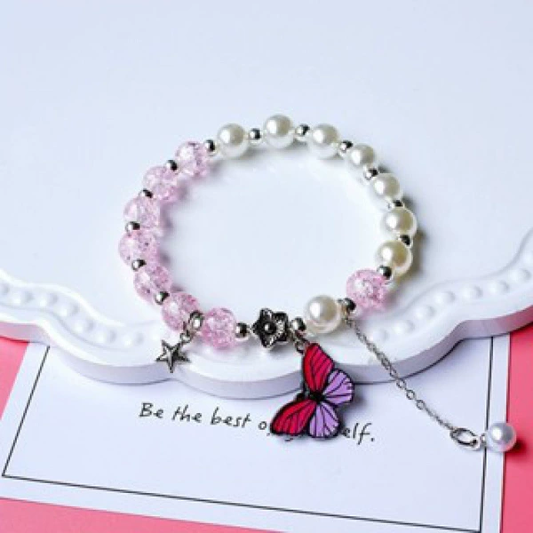 Red Purple Butterfly Pendant Pearl Pever Bracelet#SZ148