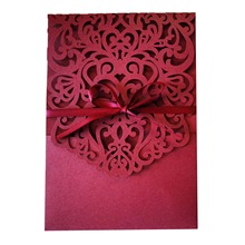 亚马逊祝福贺卡珠光纸镂空婚礼请柬 深酒红结婚邀请函工厂批发