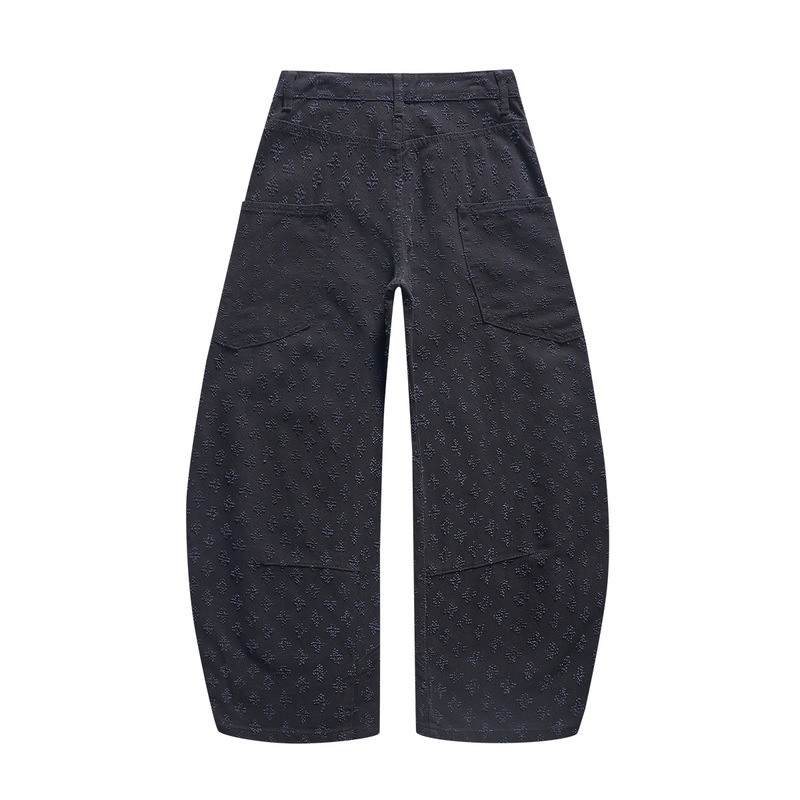 Jacquard workwear curved denim pants with double patch pockets on the back, loose crotch design, unisex style, wholesale Jacquard workwear curved denim pants with double patch pockets on the back, loose crotch design, unisex style, wholesale