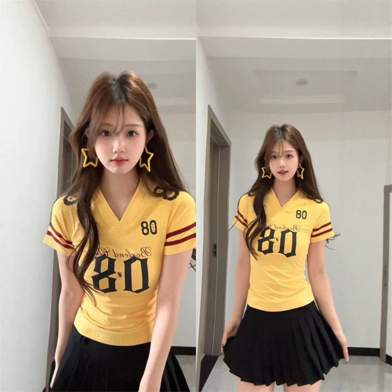 American Trendy Brand Digital Print V-Neck Short-Sleeved T-Shirt Hot Girl Slim Fit Vintage Sports Style Jersey for Women