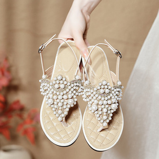 Sandals Women's Summer 2025 Rhinestone Pearl Evening Breeze Flat Bottom Clip-On Open Toe Sandals Clip-On Pearl Women's Shoes Wholesale