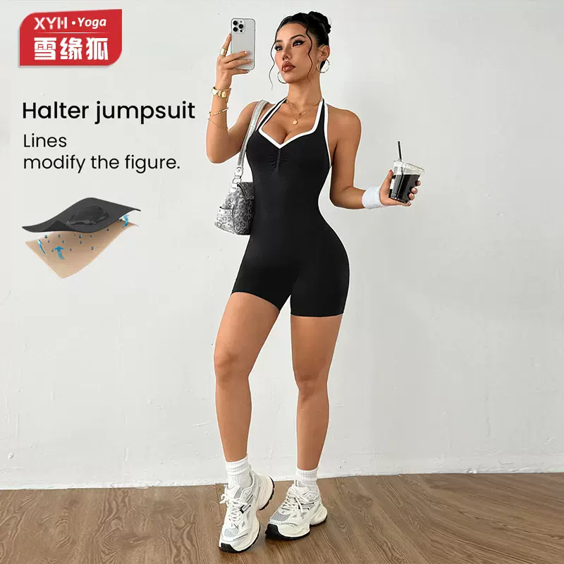 Shein亚马逊撞色挂脖美背连体瑜伽服女蜜桃臀桃心领健身连体短裤