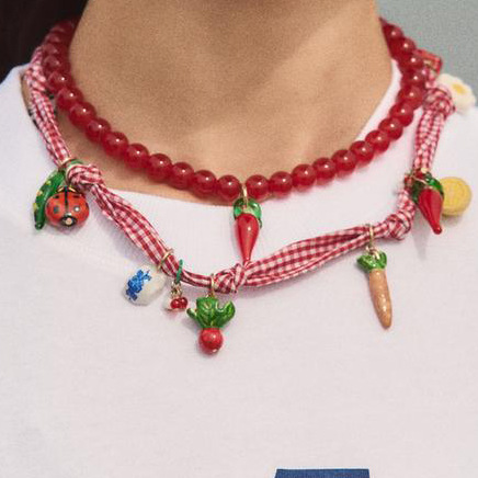 Casual, Shopping Occasion Cute Modern Style Cherry Fruit Carrot Alloy Plastic Bandana Silk Scarf Cord Beaded Chain Lobster Trigger Clasp Closure Pendant Necklaces Wholesale