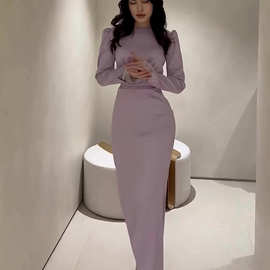 亚马逊欧美2023秋季新款褶皱收腰显瘦长袖法式宫廷连衣裙女
