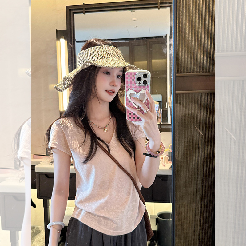 Tweed Style Pink V-Neck Right Shoulder Short-Sleeved T-Shirt for Women Summer Thin Waist Slimming Look Snowflake Cotton Short Slightly See-Through Top