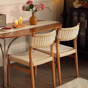 Solid Wood Nordic Dining Chair Simple Medieval Rope Backrest Chair Backrest Home Leisure Chair Restaurant Retro Japanese Style