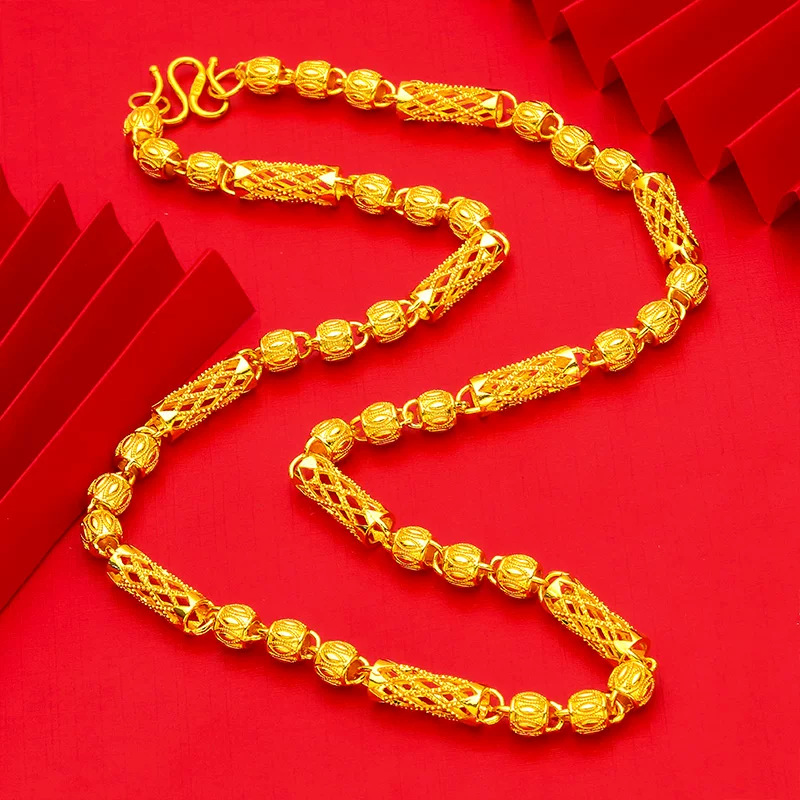 French Vintage Gold Plated Hexagonal Olive Chain Necklace For Men_voghion.com