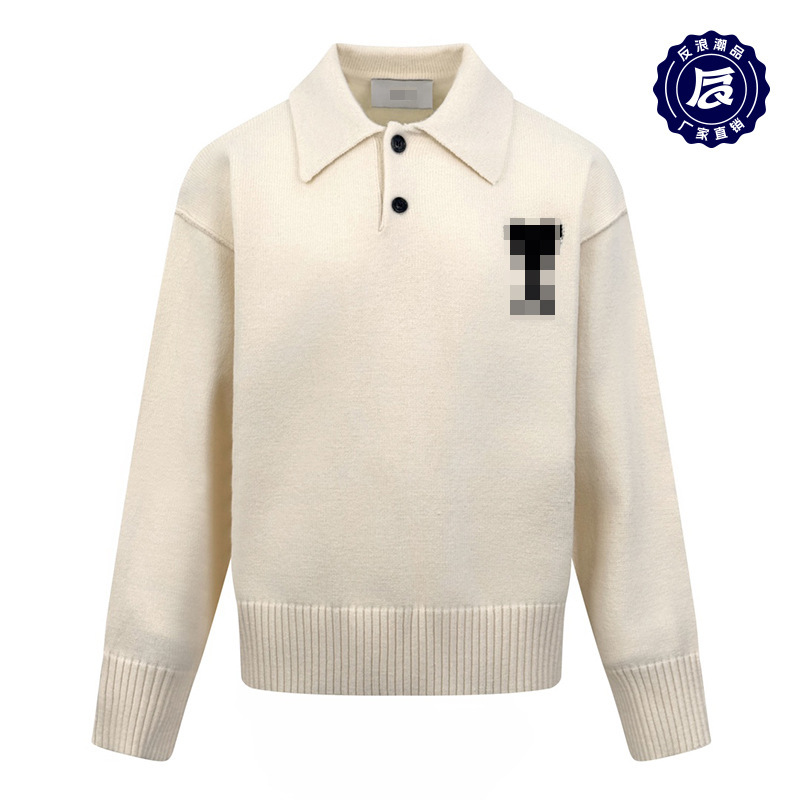 Ami25 Heart Letter Jacquard Lapel Long-Sleeve Polo Knit Sweater Alpaca Wool Unisex Autumn German Jacquard Craftsmanship