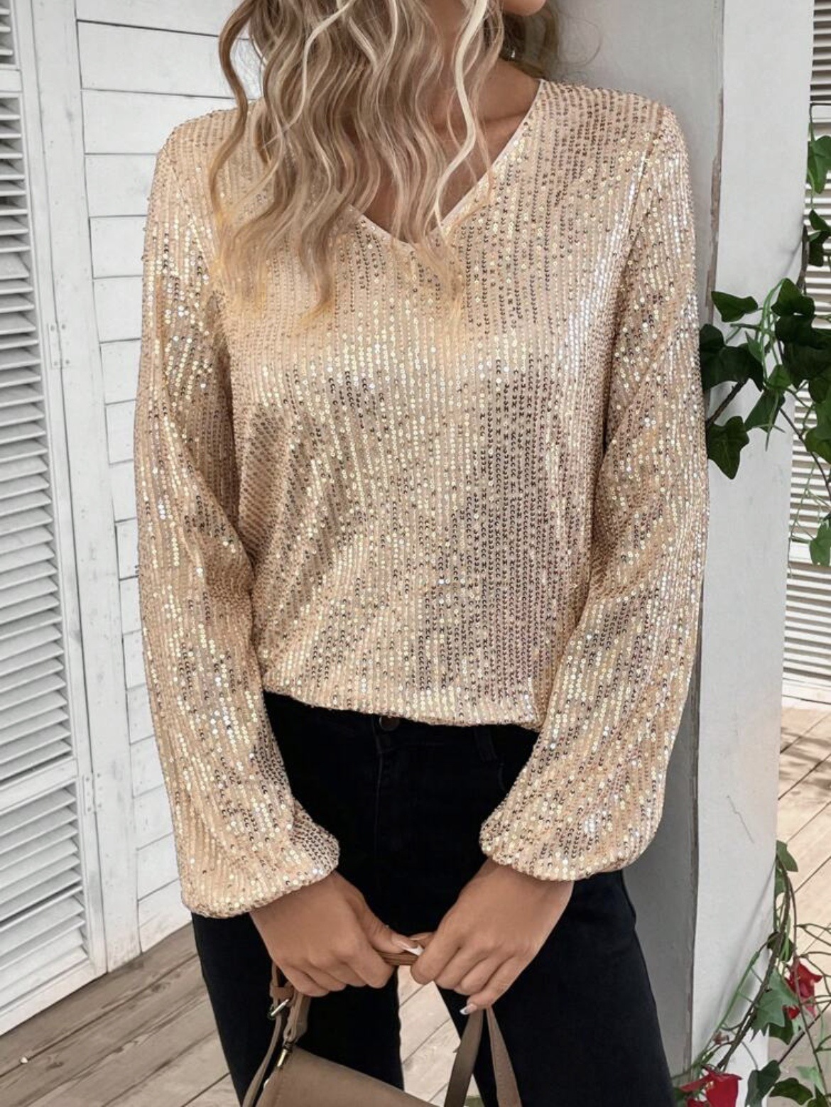 Elegant Women's V-neck Sequin Tunic Top, Long Sleeve Glitter Tee_voghion.com
