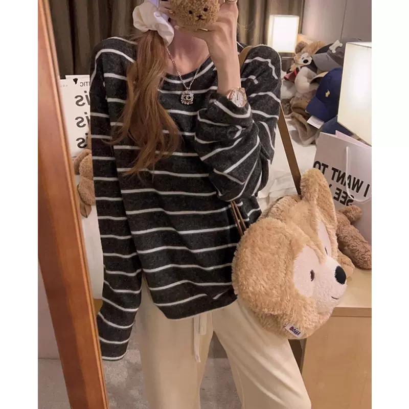 韩版chic撞色内搭条纹长袖T恤女2025秋冬慵懒风宽松感磨毛打底衫