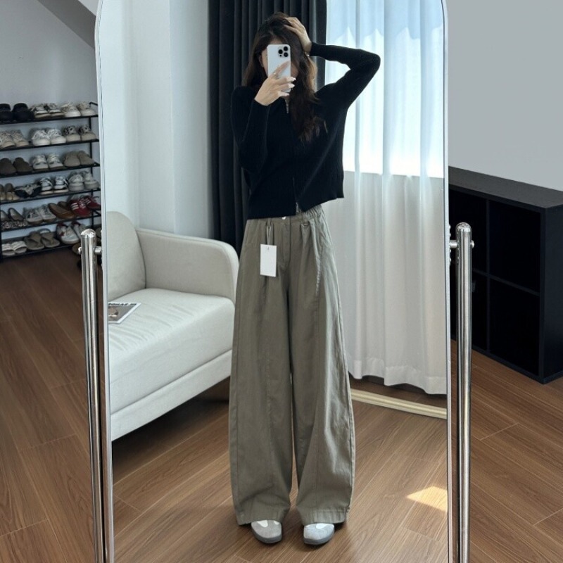 复古卡其色阔腿休闲裤女2025春秋季松紧腰宽松弯刀裤美式山本裤子|undefined