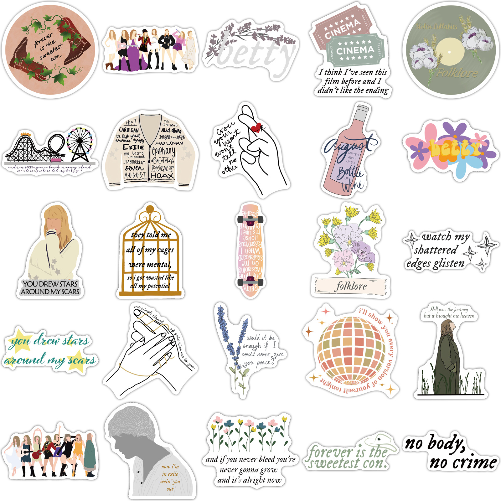 33g Weight Flat Pendant Shape 1 Set Quantity Adhesive Sticker Material Human, Letter Pattern Multicolor Color Waterproof Colorful Pvc Stickers Tyler Album Folklore Evermore Stickers 50 Pieces Set 3