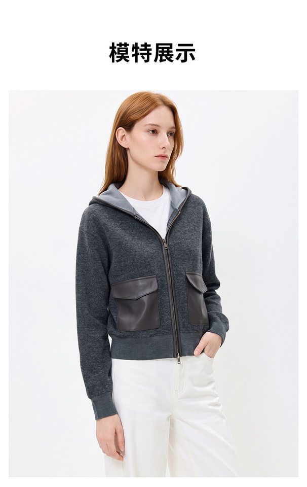 Áo khoác nữ dáng ngắn có mũ kéo khóa phối túi da, chất liệu len cashmere pha, form thường — Khói đá Ash chi tiết 7