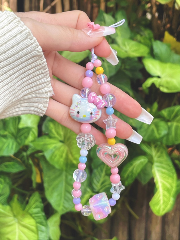 手机绳粉色樱花蝴蝶diy串珠链条挂饰女手腕新短款ccd相机挂件挂绳|undefined